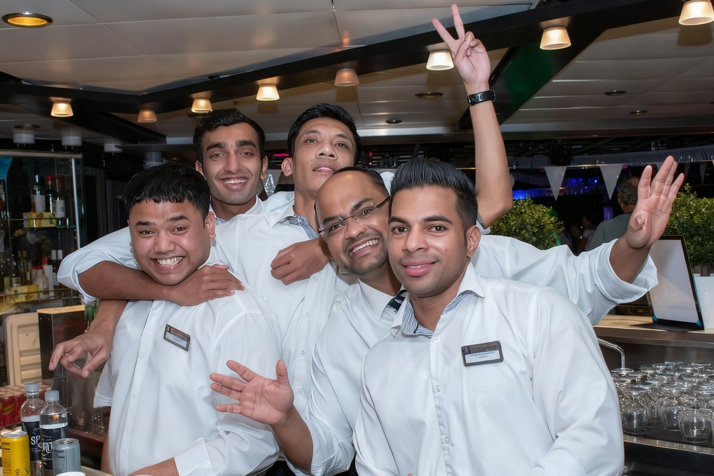 Group of smiling crew members in a bar setting on board a ship
